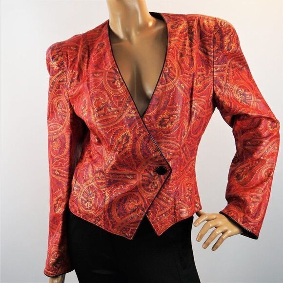 80s Vintage Designer Carlos Falchi Painted Leather Blazer 1 Button Jacket Sz 12 - Picture 9 of 13